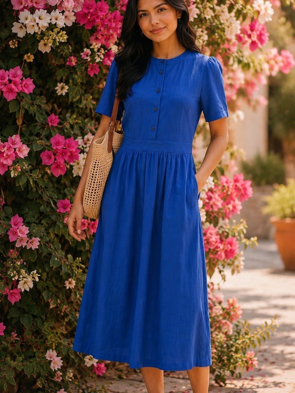 Classic Short-Sleeve Button-Front Midi Dress in Royal Blue